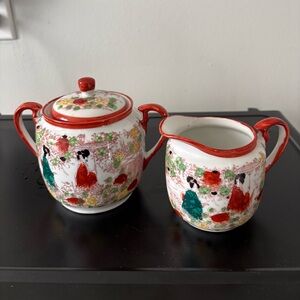 Vintage Japanese Sugar and Creamer Set Hand Painted-Good Condition